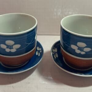 Vintage Japanese Porcelain 2 Tea Cup Blue White Floral Ceramic Cup and Saucer